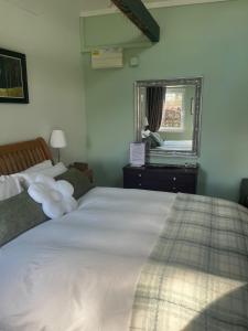 a bedroom with a large white bed and a mirror at The Snuggery Broadclyst in Exeter
