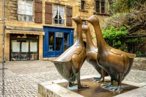 a bronze statue of three birds on a street at Gîte cosy aux portes de Sarlat in Carsac-Aillac +3 photos