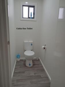 a bathroom with a toilet and a window at Minyip Caravan Park in Minyip