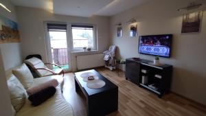 a living room with a couch and a flat screen tv at Apartament Lyszcze 7 Centrum Parking Balkon Blisko rynku Spokojna okolica in Tarnowskie Góry