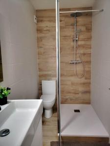 a bathroom with a shower and a toilet and a sink at L'EVASION - 500m plage - Parking - Wifi in La Baule