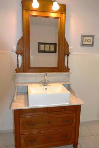 a bathroom sink with a mirror on top of it at Das Bärenhaus in Bergen