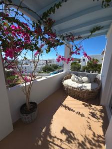 Un balcón con dos cestas y un árbol con flores rosas. en Menta I in the heart of Naousafree parkingParos, en Naousa