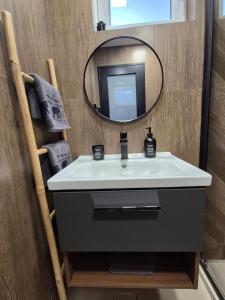 a bathroom with a sink and a mirror at V&S apartments 1 in Sliven