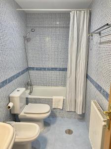 a bathroom with a toilet and a sink and a shower at Balcón del atardecer in Cangas de Onís
