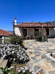 a house with a stone patio with white flowers at Koeni House in Argalasti
