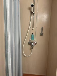 una ducha en un baño con cortina de ducha en Grand Salo Hotel, en Salo