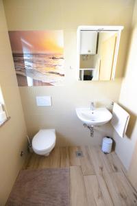 a bathroom with a sink and a toilet and a mirror at Apartmaji Valentina in Premantura +46 photos