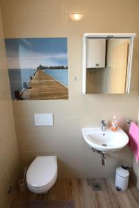a bathroom with a sink and a toilet and a mirror at Apartmaji Valentina in Premantura