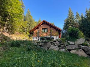 a house on a hill with a stone wall at Das Hexenhaus: Haus im Wald in Rinchnach