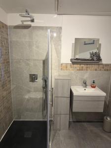 un baño con ducha y lavabo en Ferienwohnung in Thale, en Thale