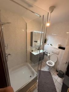 a bathroom with a shower and a toilet at Dreamhopp28 - Küche, bis zu 4 Personen in Magdeburg
