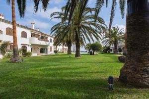 un cortile con palme e un edificio di Nueva Playa a Denia