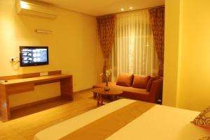 萨塔拉Hotel Rajtara的一间带床、电视和沙发的酒店房间