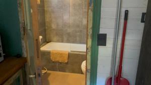 a bathroom with a shower with a tub and a toilet at mercado NL in Villa La Angostura