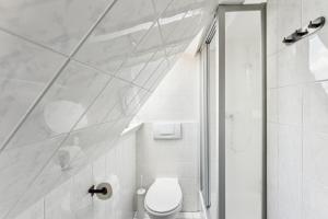a white bathroom with a toilet and a shower at Larooms - Naumi#1 in Merseburg +12 photos