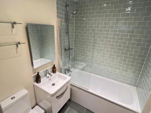 une salle de bain avec un lavabo, des toilettes et une douche dans l'établissement Preseli Hills Cottages - Luxury 5 star Cottages in Pembrokeshire, à Mynachlogddu 24 autres photos