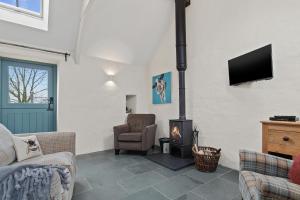 un salon avec une cheminée et une télévision dans l'établissement Preseli Hills Cottages - Luxury 5 star Cottages in Pembrokeshire, à Mynachlogddu