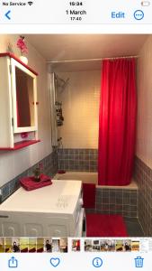 a bathroom with a red shower curtain and a washing machine at Large 1 bed apartment in the beautiful countryside in Rute