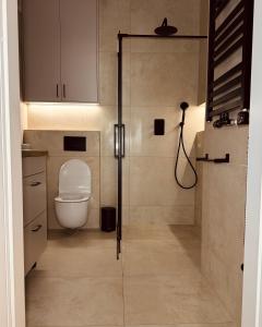 a bathroom with a toilet and a shower in it at Apartamenty Cisza Natury - BRYZA in Augustów +26 photos