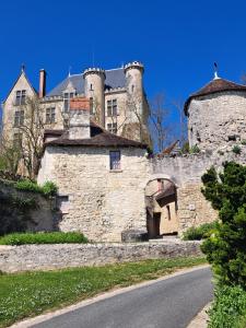 an old castle with two towers on top of a road at Chambres d'Hôtes L'Ecu in Preuilly-sur-Claise