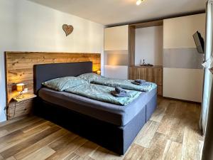 Un dormitorio con una cama y un televisor. en Ours Living Kitzbüheler Alpen - inkl Sauna, en Hollersbach im Pinzgau