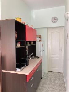 a kitchen with a counter with a sink and a refrigerator at Gemütliche Ferienwohnung zwischen Bergen und Meer in Orizare +2 photos