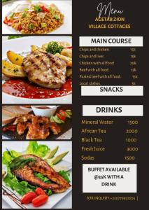 a menu for a restaurant with different types of food at AGETAB village City cottages in Soroti