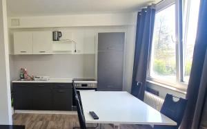 a kitchen with a table and a sink and a window at L11 Work & Stay Studio in Leverkusen