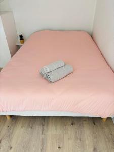 a pink bed with a towel on top of it at Duplex cosy neuf - wifi - balcon - en bordure de forêt de pins - proche plage in Saint-Jean-de-Monts +22 photos