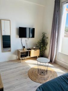 Μια τηλεόραση ή/και κέντρο ψυχαγωγίας στο Duplex cosy neuf - wifi - balcon - en bordure de forêt de pins - proche plage