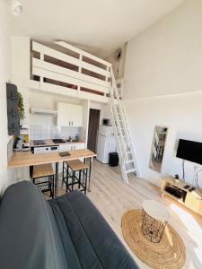 Μια τηλεόραση ή/και κέντρο ψυχαγωγίας στο Duplex cosy neuf - wifi - balcon - en bordure de forêt de pins - proche plage