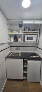 una cucina con lavello e microonde di Triana Apartahotel a Siviglia Altre 8 foto