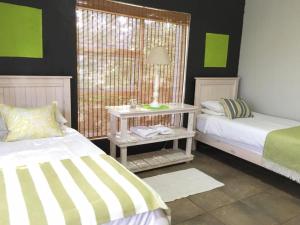 a bedroom with two beds and a window with green accents at Barking Beach Cottage, Sandbaai - Pet Friendly in Hermanus