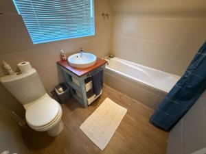 a bathroom with a toilet and a sink and a tub at Barking Beach Cottage, Sandbaai - Pet Friendly in Hermanus