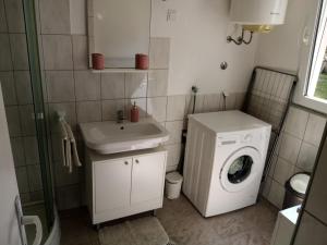 a small bathroom with a washing machine and a sink at Apartment Buic in Pula
