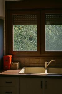 a kitchen counter with a sink and two windows at Elia & Petra Villa in Prinos