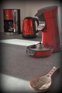 a red blender sitting on a kitchen counter with a spatula at Chalet Le Villard Samoens in Samoëns