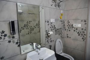 a bathroom with a sink and a toilet and a mirror at Fiddlehead Fern in Dharmsala