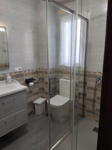 a bathroom with a toilet and a glass shower at Vivienda Rural Casa Ana in Prado del Rey +26 photos