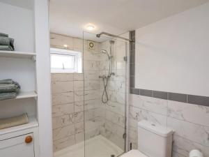 a bathroom with a shower and a toilet at The Barn - Poplar Farm in York +26 photos