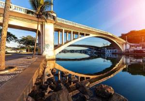 卡波布里奥Studio no Condomínio dos Pássaros em Cabo Frio e Belas Praias的一条棕榈树横跨河流的桥梁