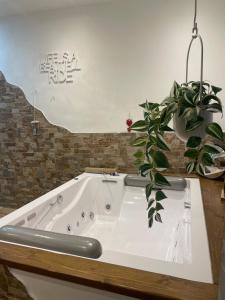 a white bath tub with a potted plant on a counter at “La Casetta nel Borgo” in Cerveteri +24 photos