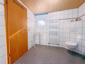 a bathroom with a toilet and a window at Ferienwohnung 2 Wald & See in Zirchow +5 photos
