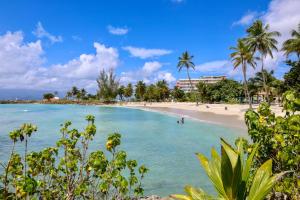 a beach with palm trees and people in the water at La parenthèse in Courcelles Sucrerie