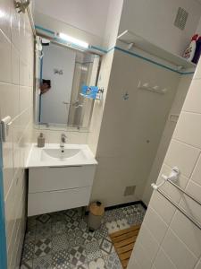 a bathroom with a sink and a shower with a mirror at Les Dunes in Saint-Hilaire-de-Riez +12 photos