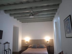 una camera da letto con un letto e un ventilatore a soffitto di La Fuente Apartamento Jerez a Jerez de la Frontera