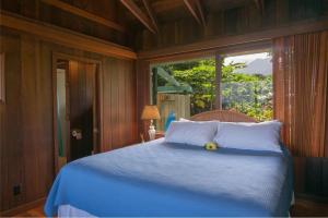 a bedroom with a blue bed with a teddy bear on it at Wainiha Beach Hale in Wainiha