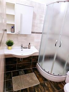 łazienka z prysznicem i umywalką w obiekcie Apartment Lovre Zadar w mieście Zadar +7 zdjęć