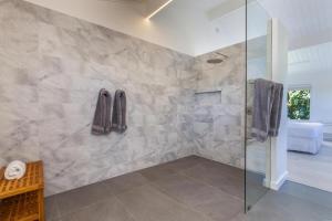 a bathroom with a shower with a glass door at Hale Mauna Nui in Princeville +28 photos